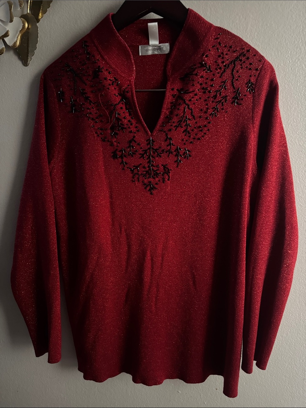 Dress Barn Red Metallic V-Neck Embellished Turtleneck Sweater